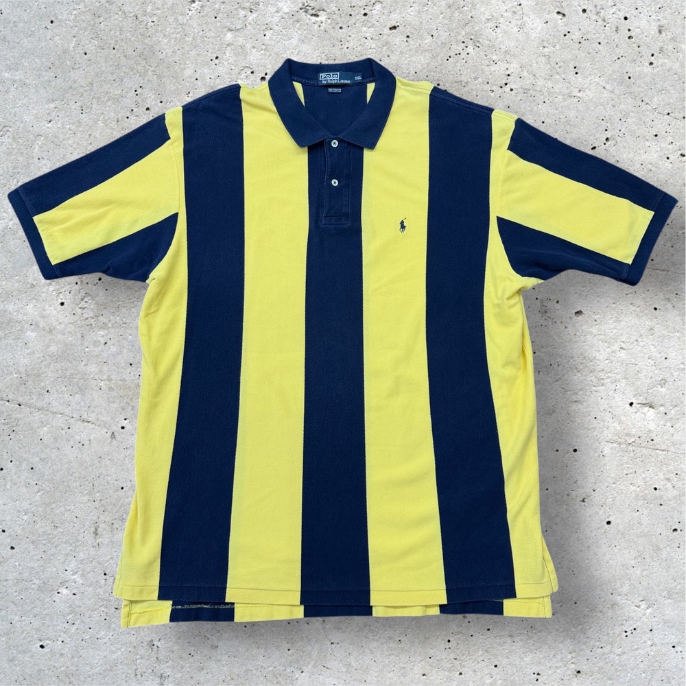 Vintage Polo Ralph Lauren Striped Polo Shirt Mens XXL Navy Blue Yellow Cotton‎